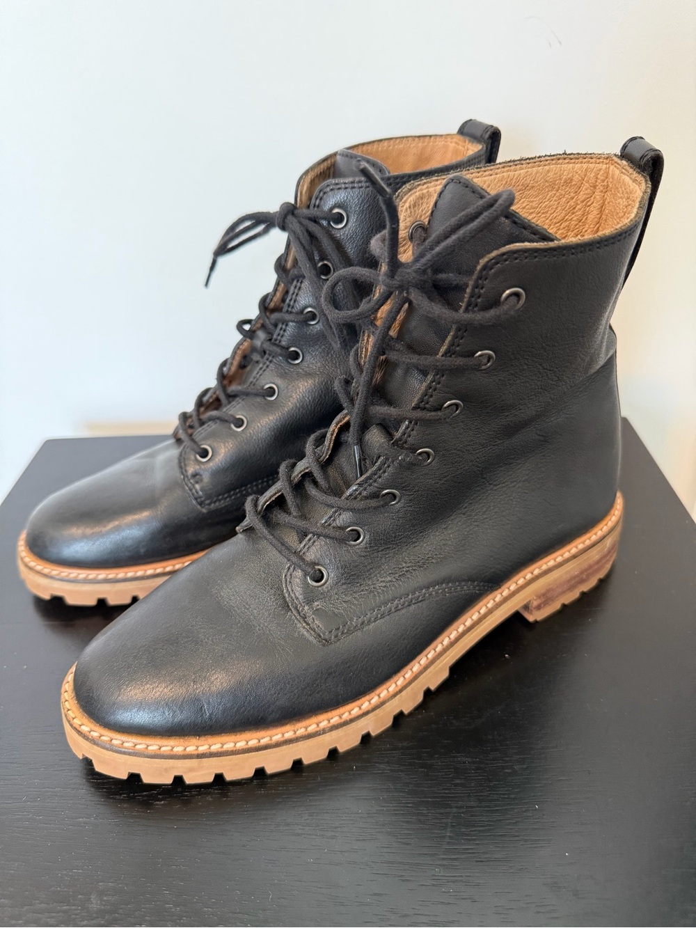 Madewell Black Leather Lace-Up Combat Boots with Tan Trim